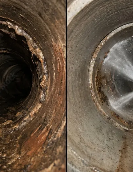 Vue intérieure d'une canalisation avant et après curage haute pression