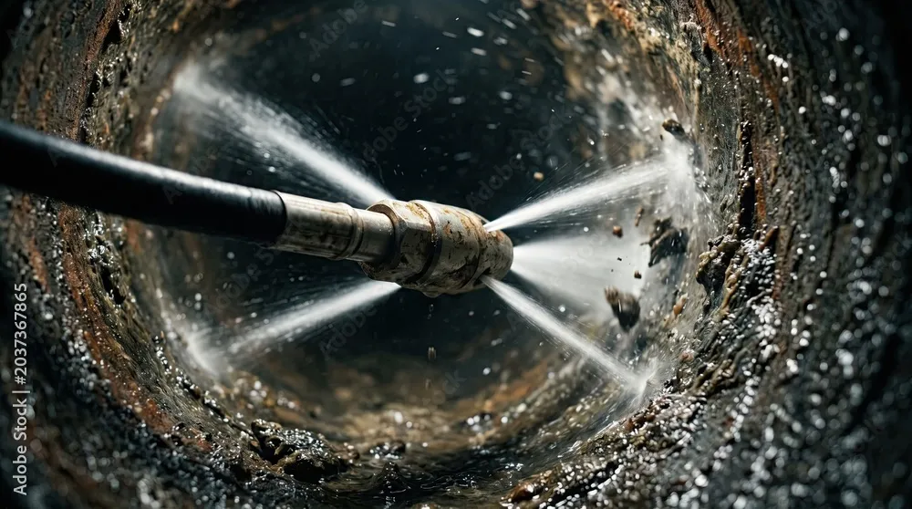 Buse de curage haute pression projetant des jets d’eau à l’intérieur d’une canalisation