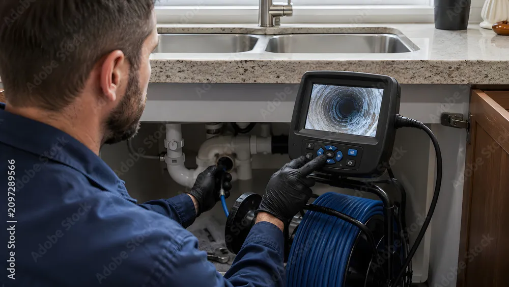 Technicien contrôlant l'écran d'une caméra d'inspection sous un évier