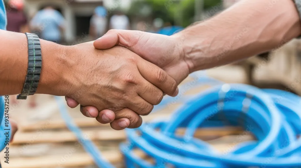 Poignée de main sur un chantier, tube de canalisation en arrière-plan