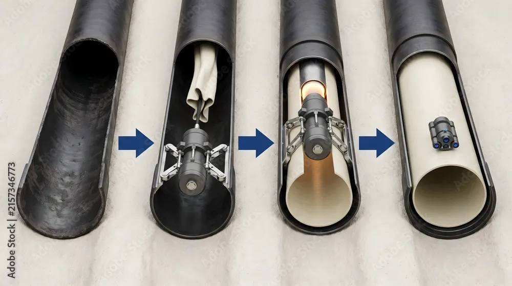 Schéma des 4 étapes du chemisage : gaine, résine, durcissement, canalisation rénovée