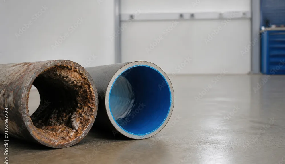 Canalisation avant et après chemisage : tuyau rouillé et tuyau rénové en résine bleue