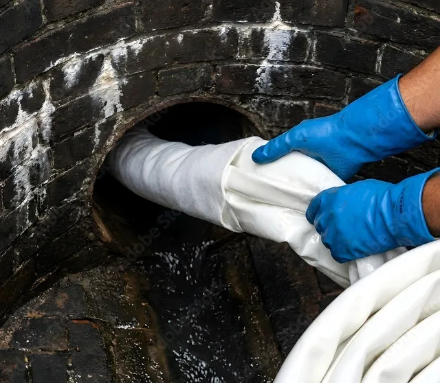 Technicien insérant une gaine de résine dans une canalisation