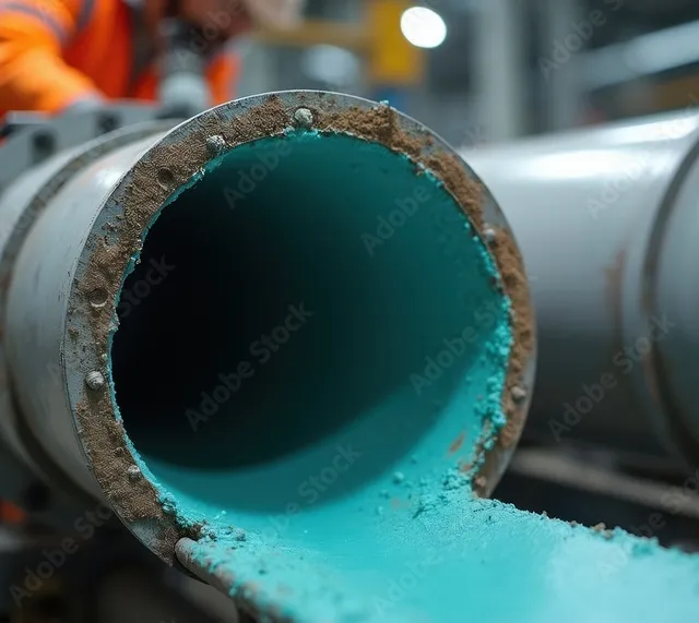Projection de résine époxy turquoise à l’intérieur de conduites industrielles