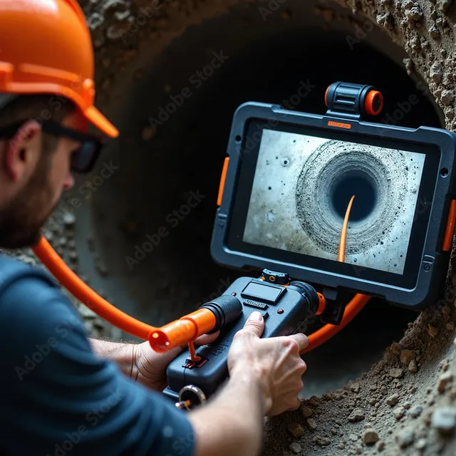 Technicien utilisant une caméra d'inspection portable face à un regard, écran affichant l'intérieur de la canalisation