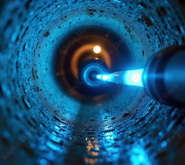 Vue caméra du durcissement de la résine par lumière UV à l'intérieur d'une canalisation