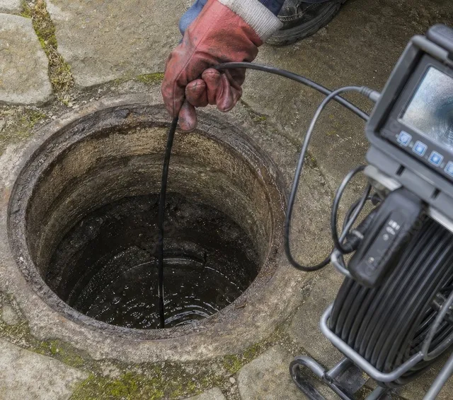 Caméra d’inspection descendue dans un regard, écran de contrôle affichant l’intérieur de la canalisation