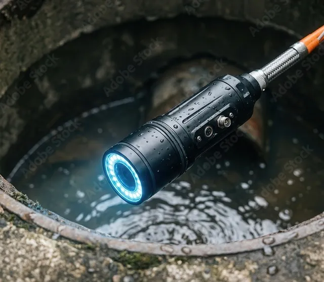 Tête de caméra d'inspection à anneau LED descendue dans un regard
